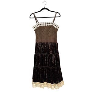 Brown Velvet Tiered Dress Women’s Small Lace Trim Beaded Cottage Fairy Whimsy